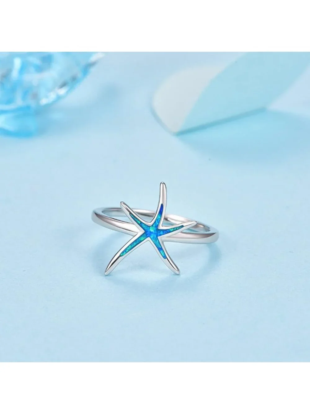 Elegant 925 Sterling Silver Starfish Ring with Blue Opal - Fashion Jewelry Gift